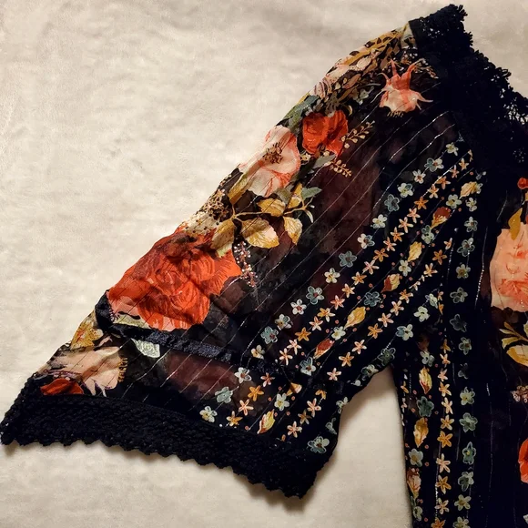 Black MD Multi-color Floral Blouse Crochet Lace Top #O31 - Picture 4 of 9